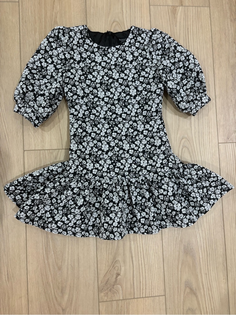 Bardot Junior Black and White Floral Puff-Sleeve Party Dress
